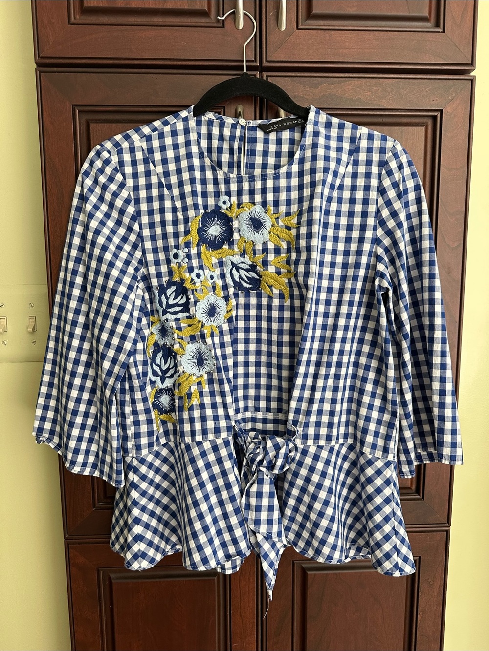 Zara Blue & White Gingham Peplum Top with Floral Embroidery